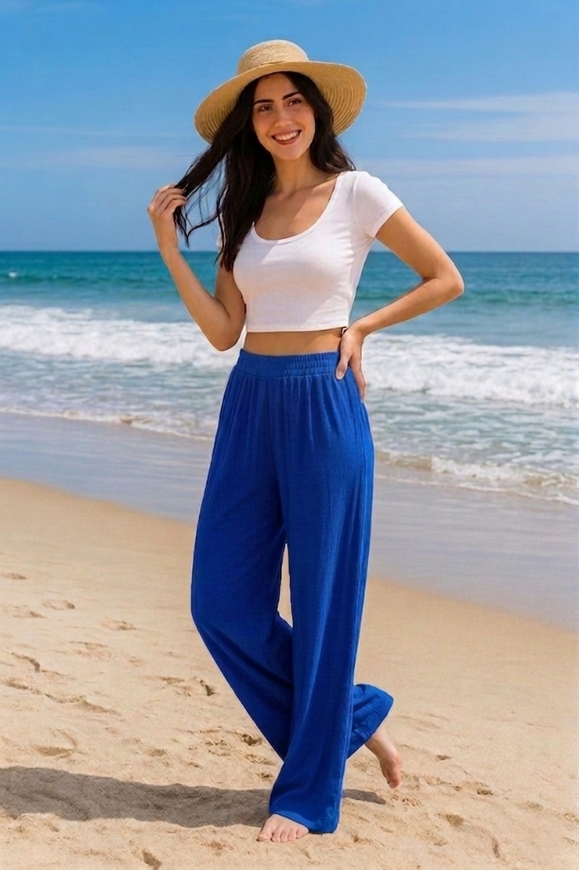 Blue Plain Rayon Cotton Pants | Basic Wear Club