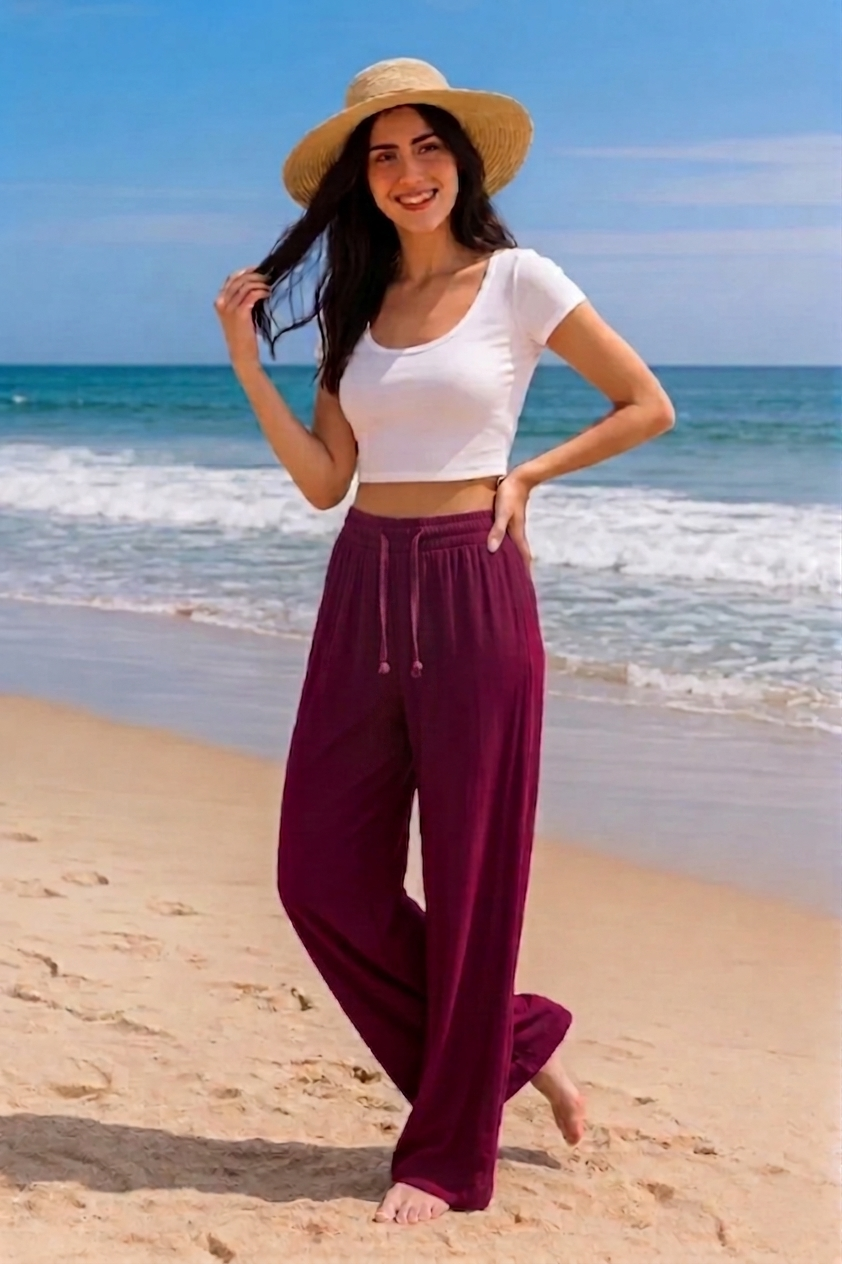 Burgundy Plain Rayon Cotton Pants | Basic Wear Club