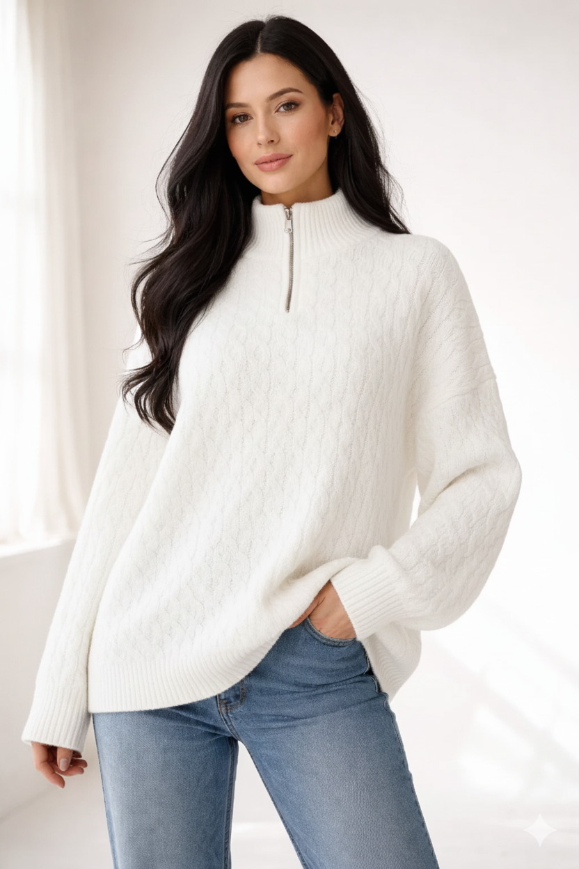 Cable Knit Quarter-Zip Sweater Turtleneck Tunic