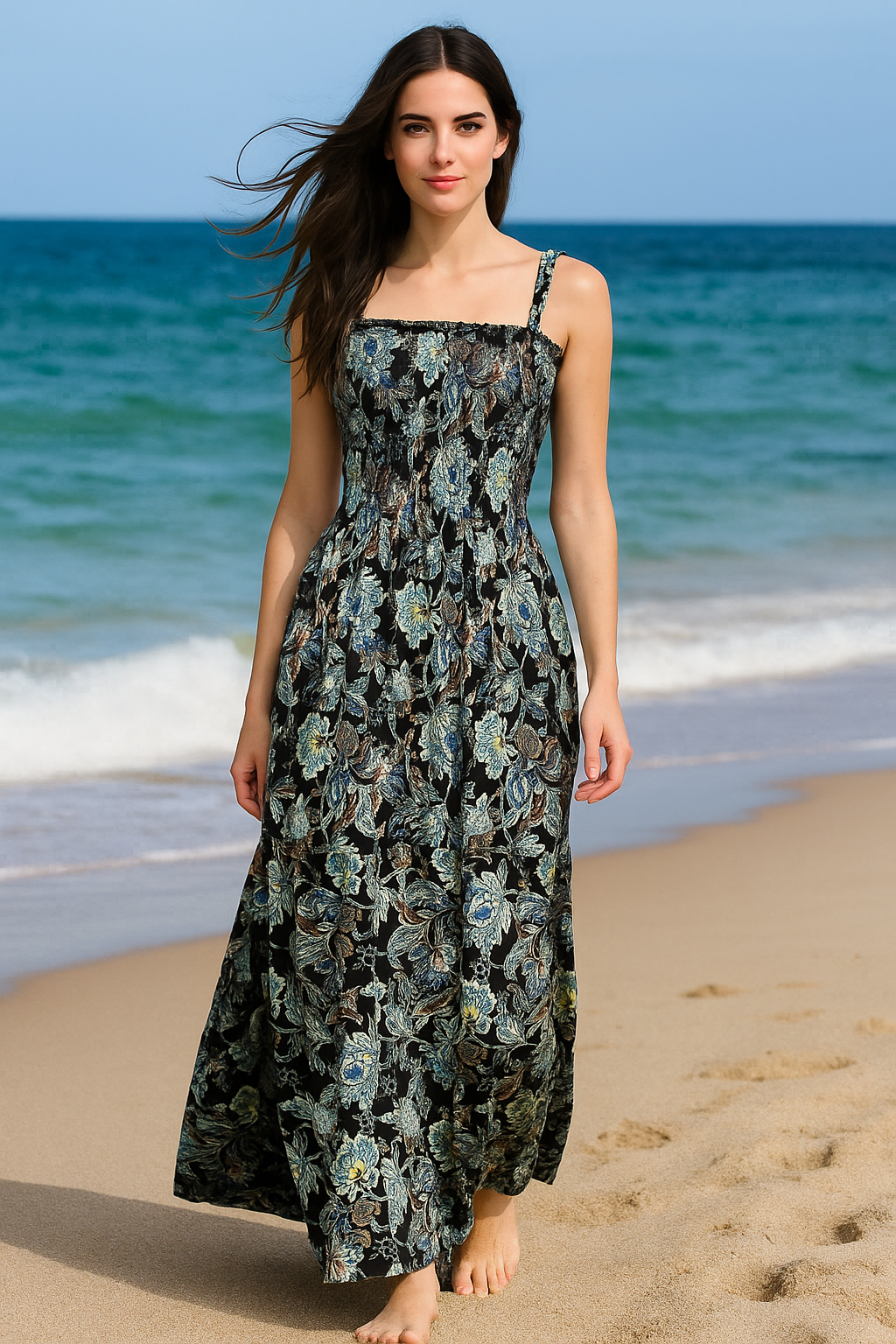 Dark Flory Rayon Cotton Sleeveless Maxi Dress