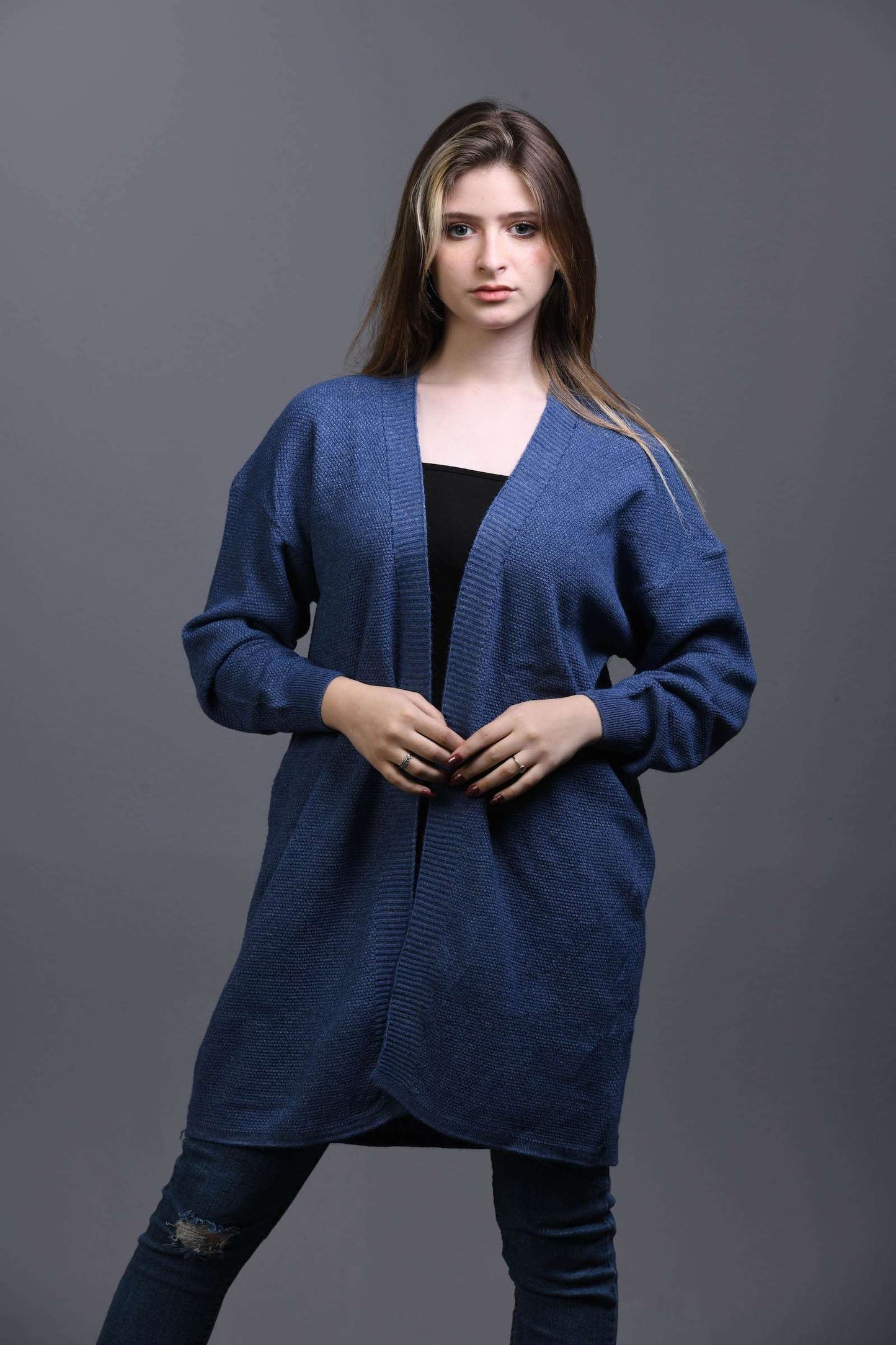 denim blue Open Knit Cardigan