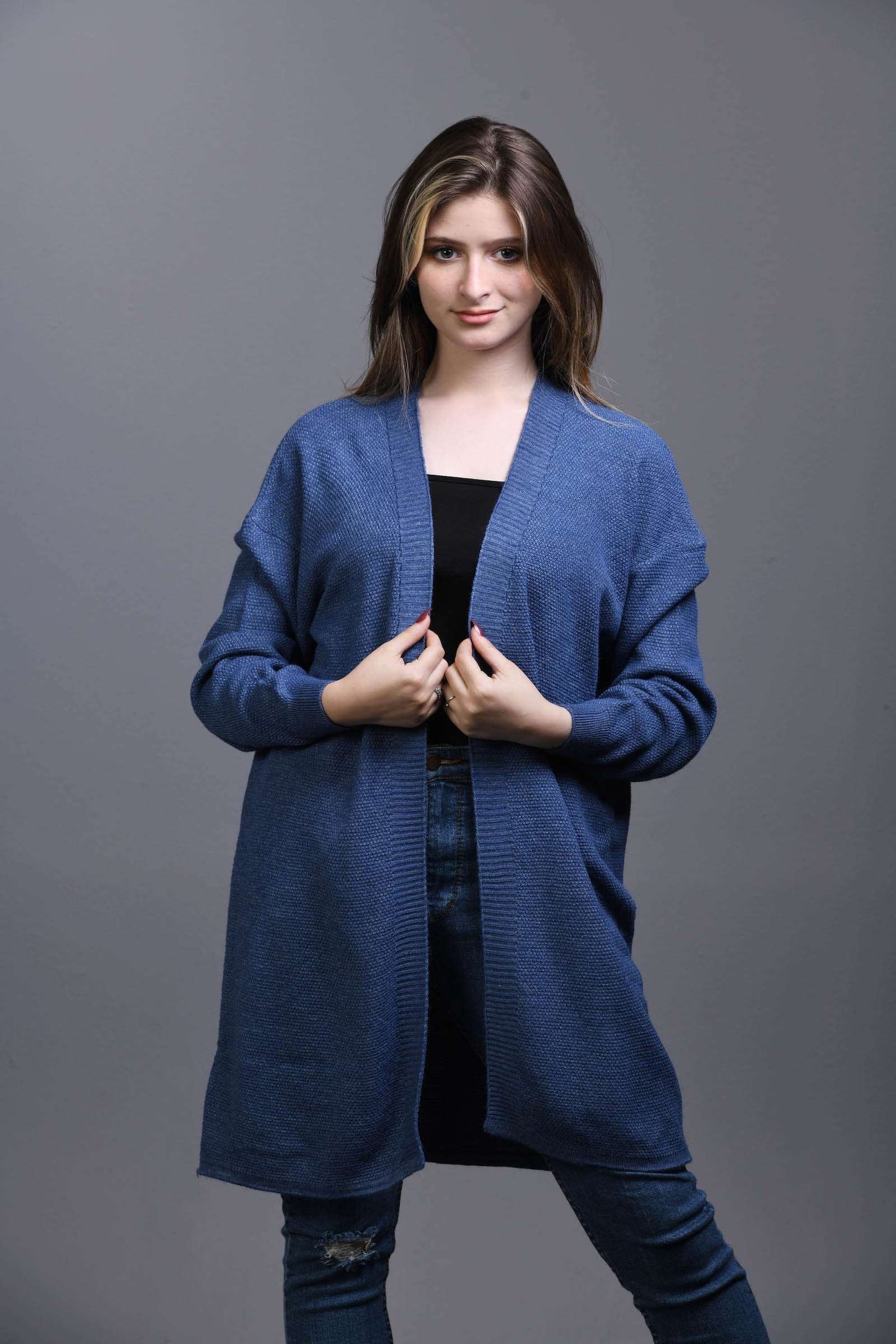 denim blue Open Knit Cardigan