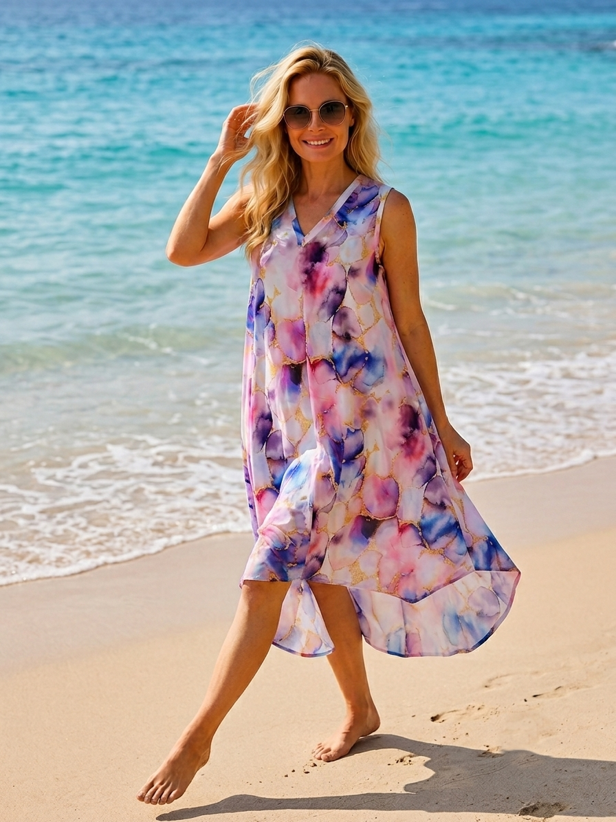 Basic Wear Club | Women's Loose Fit V-Neck Floral Printed Sundress | One Size (Fits Up to 85 KG)
