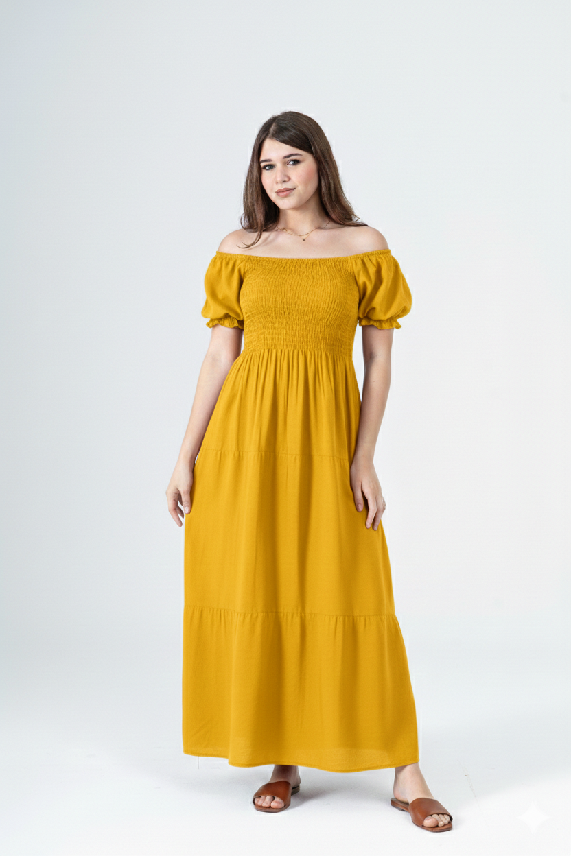 Plain Rayon Short Sleeves Maxi Dress