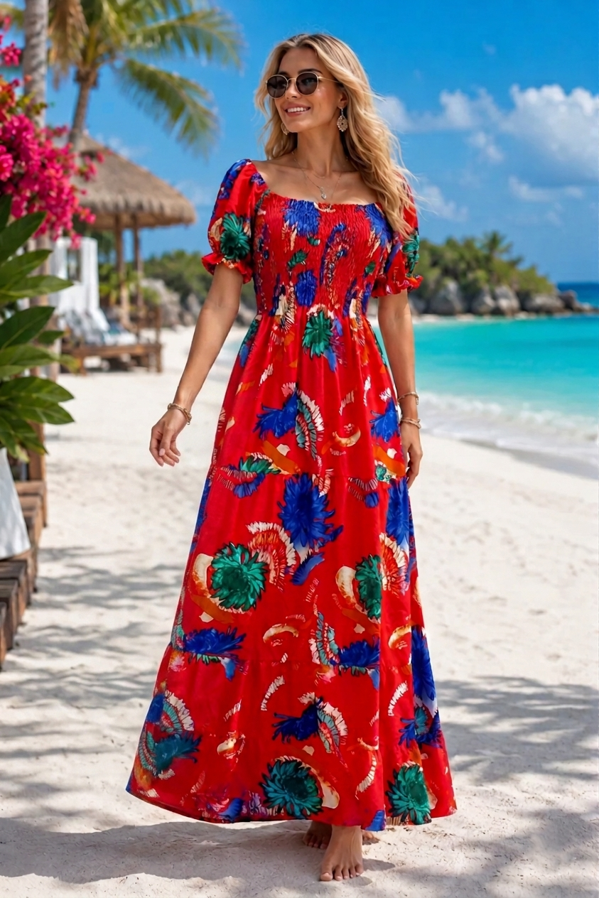Basic Wear Club | Flory Rayon Cotton Short Sleeves Maxi Dress | Summer Dress for Women