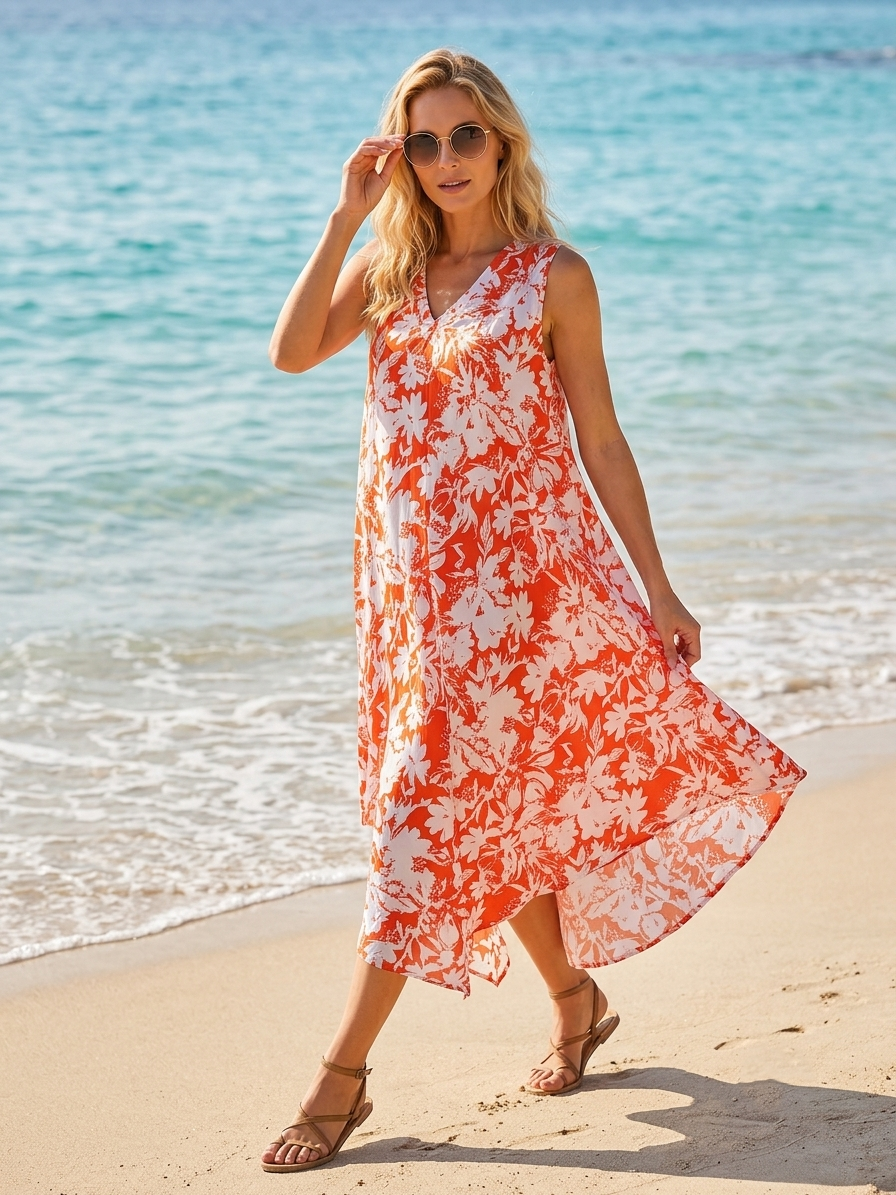 Basic Wear Club | Women's Loose Fit V-Neck Floal Sundress | One Size (Fits Up to 85 KG)