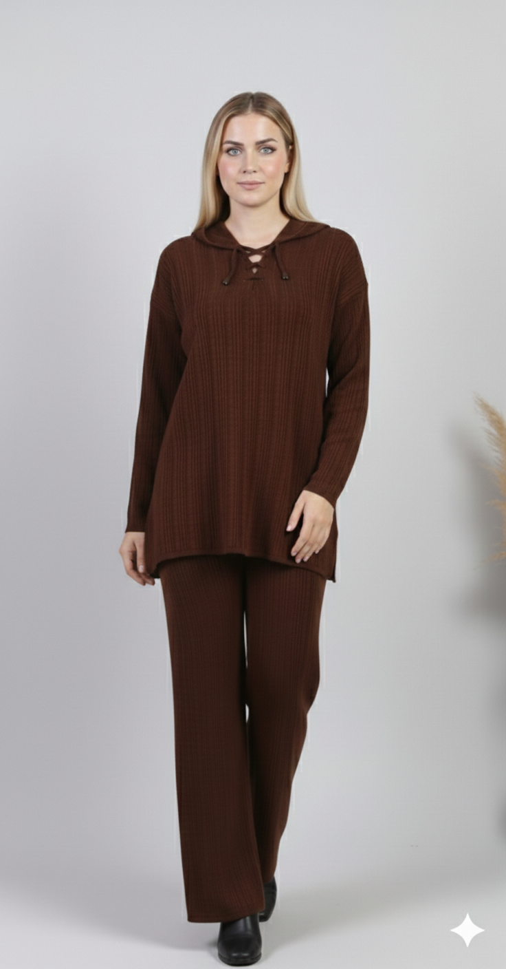 Ribbed Knit Lounge Set – Lace-Up Collar Top & Wide-Leg Pants