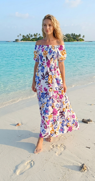 Short-Sleeve Maxi Dress Rayon Cotton