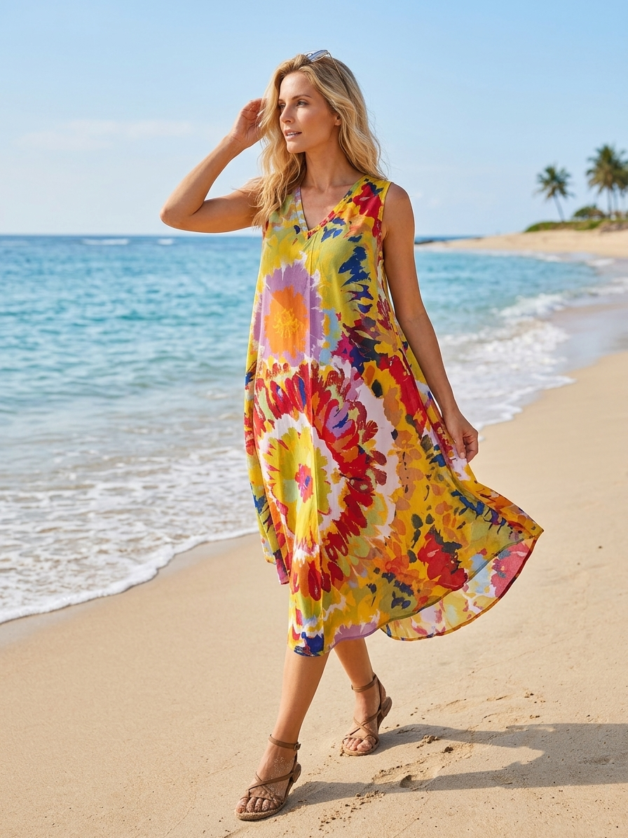 Basic Wear Club | Women's Loose Fit V-Neck Floal Sundress | One Size (Fits Up to 85 KG)