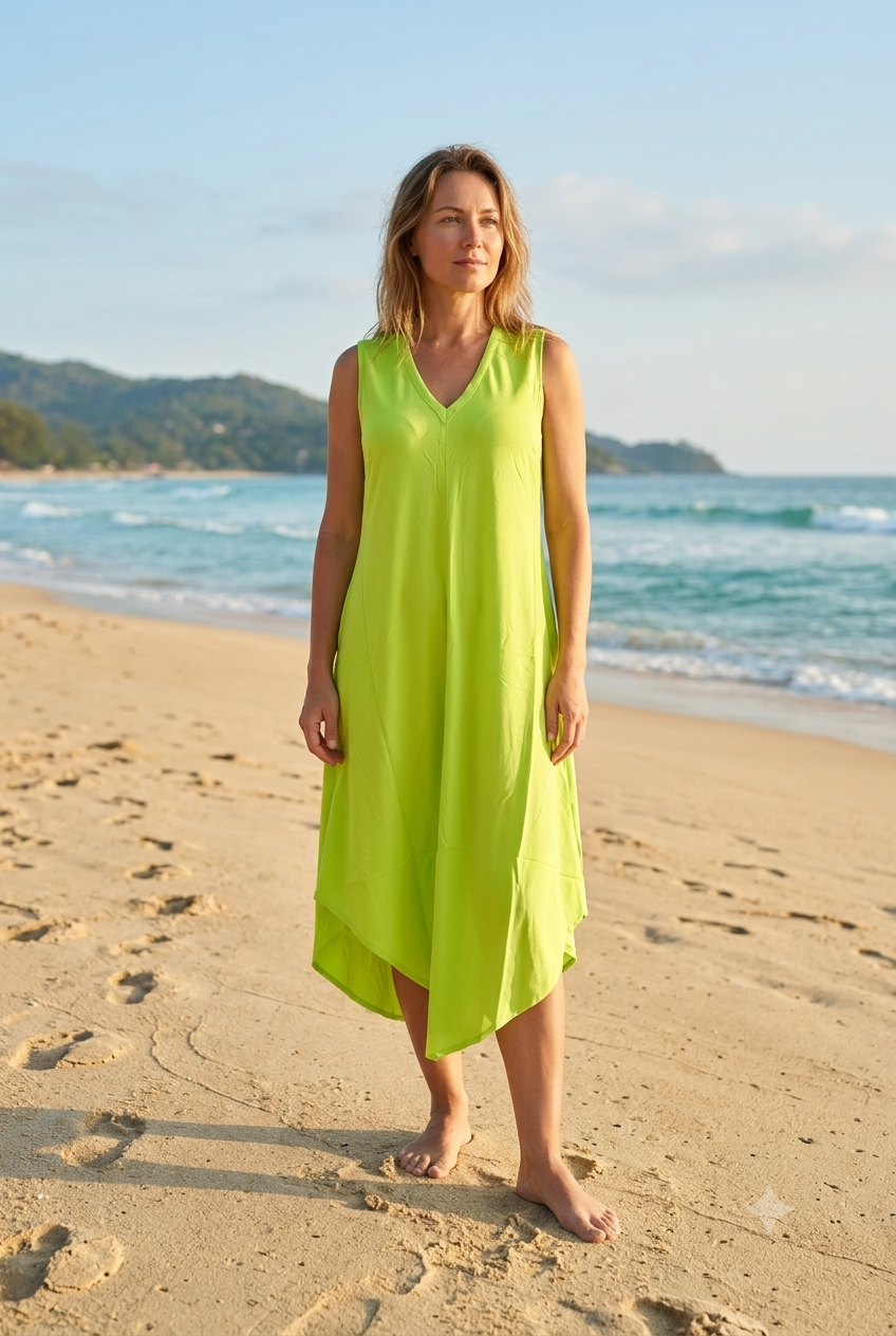 Basic Wear Club | Women's Plain Sleeveless V-Neck High-Low Midi Dress | One Size