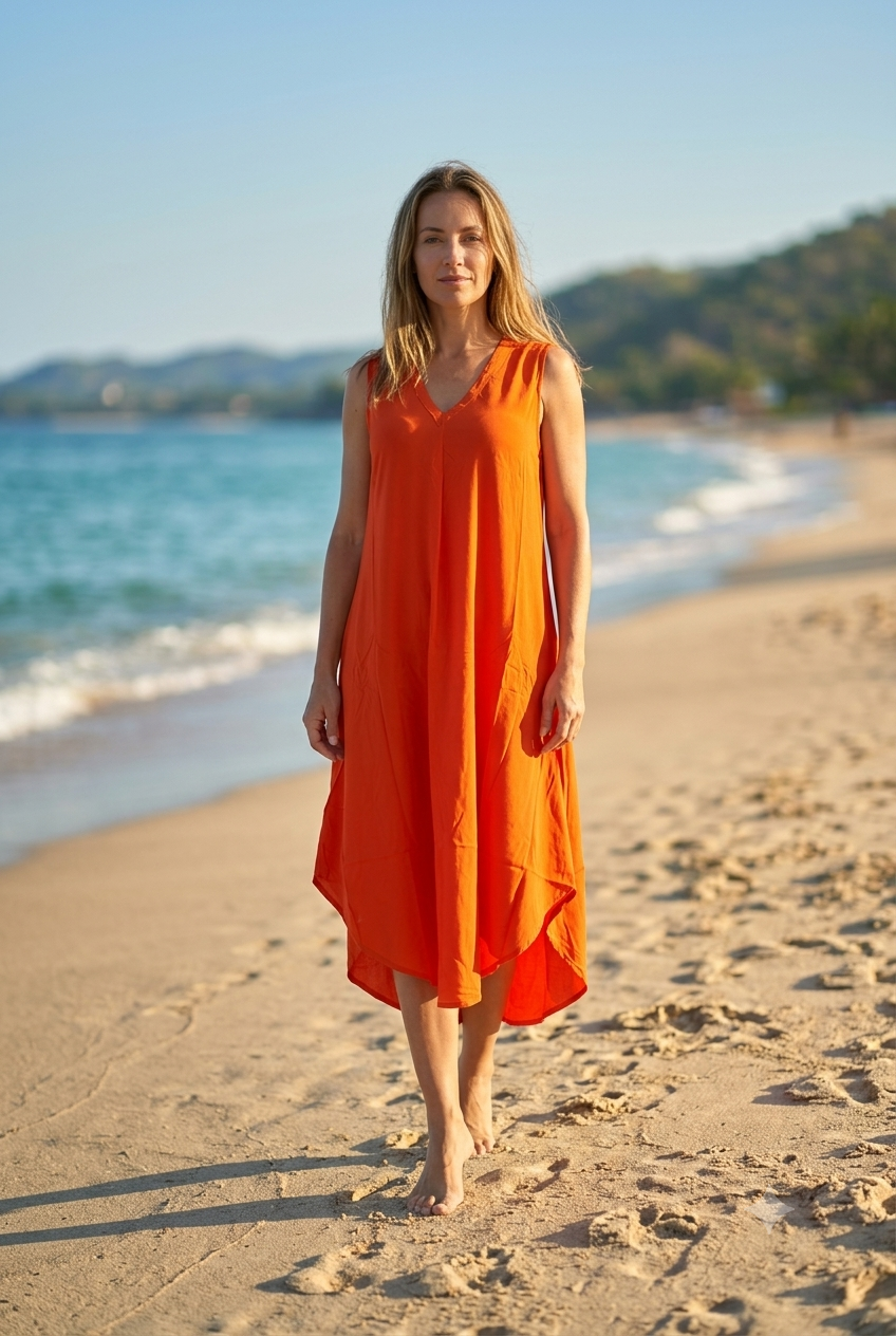 Basic Wear Club | Women's Plain Sleeveless V-Neck High-Low Midi Dress | One Size