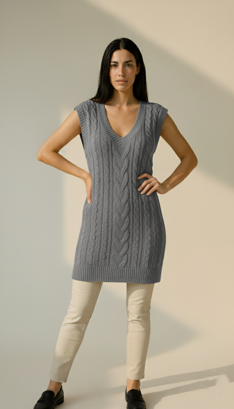 Long V-Neck Cable Knit Sweater Vest