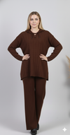 Ribbed Knit Lounge Set – Lace-Up Collar Top & Wide-Leg Pants