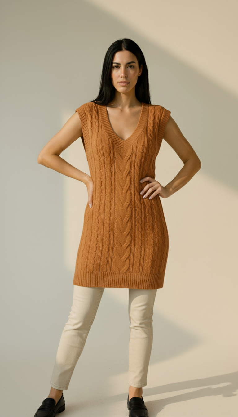 Long V-Neck Cable Knit Sweater Vest