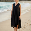 Basic Wear Club | Women's Plain Sleeveless V-Neck High-Low Midi Dress | One Size