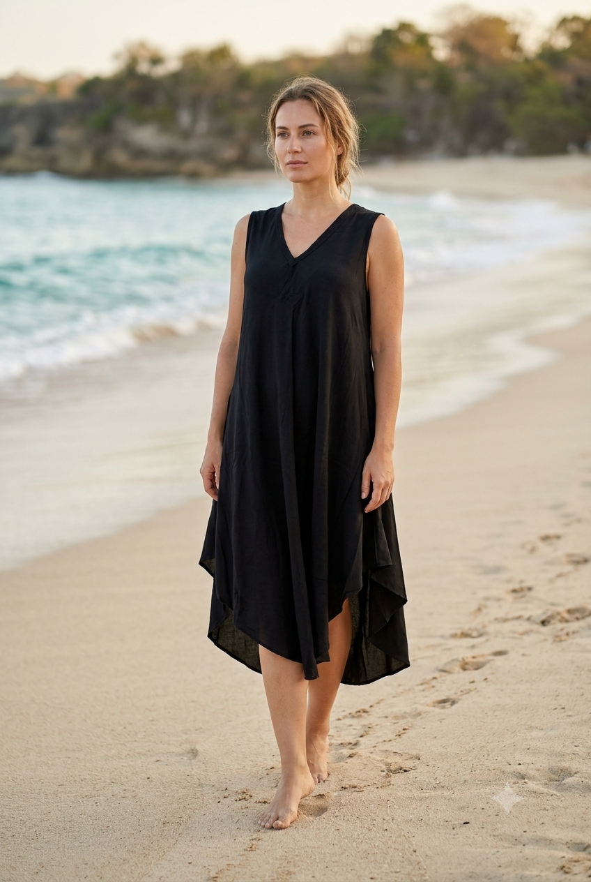Basic Wear Club | Women's Plain Sleeveless V-Neck High-Low Midi Dress | One Size