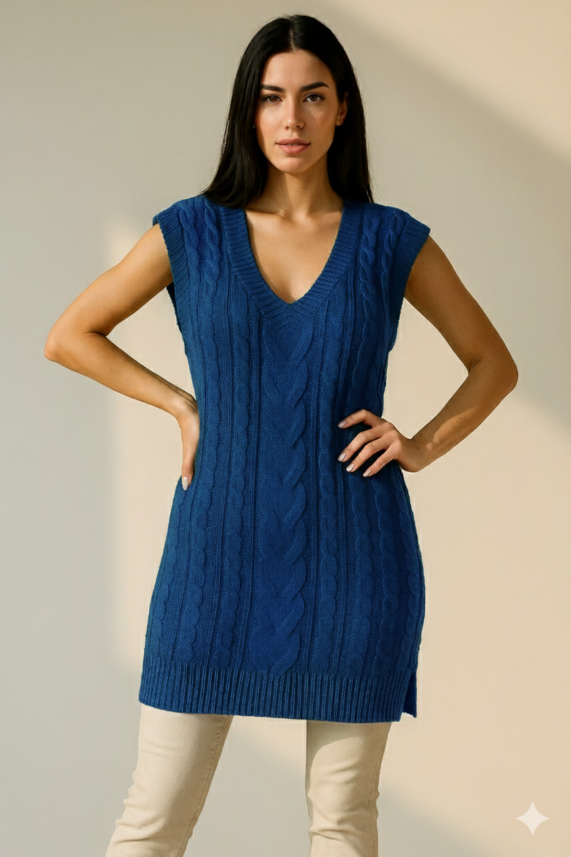 Long V-Neck Cable Knit Sweater Vest