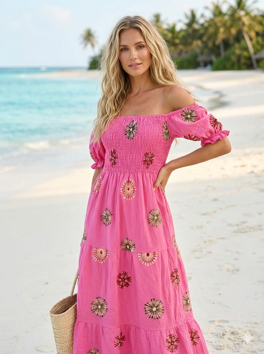 Rayon Cotton Embroideredshort Sleeves maxi dress