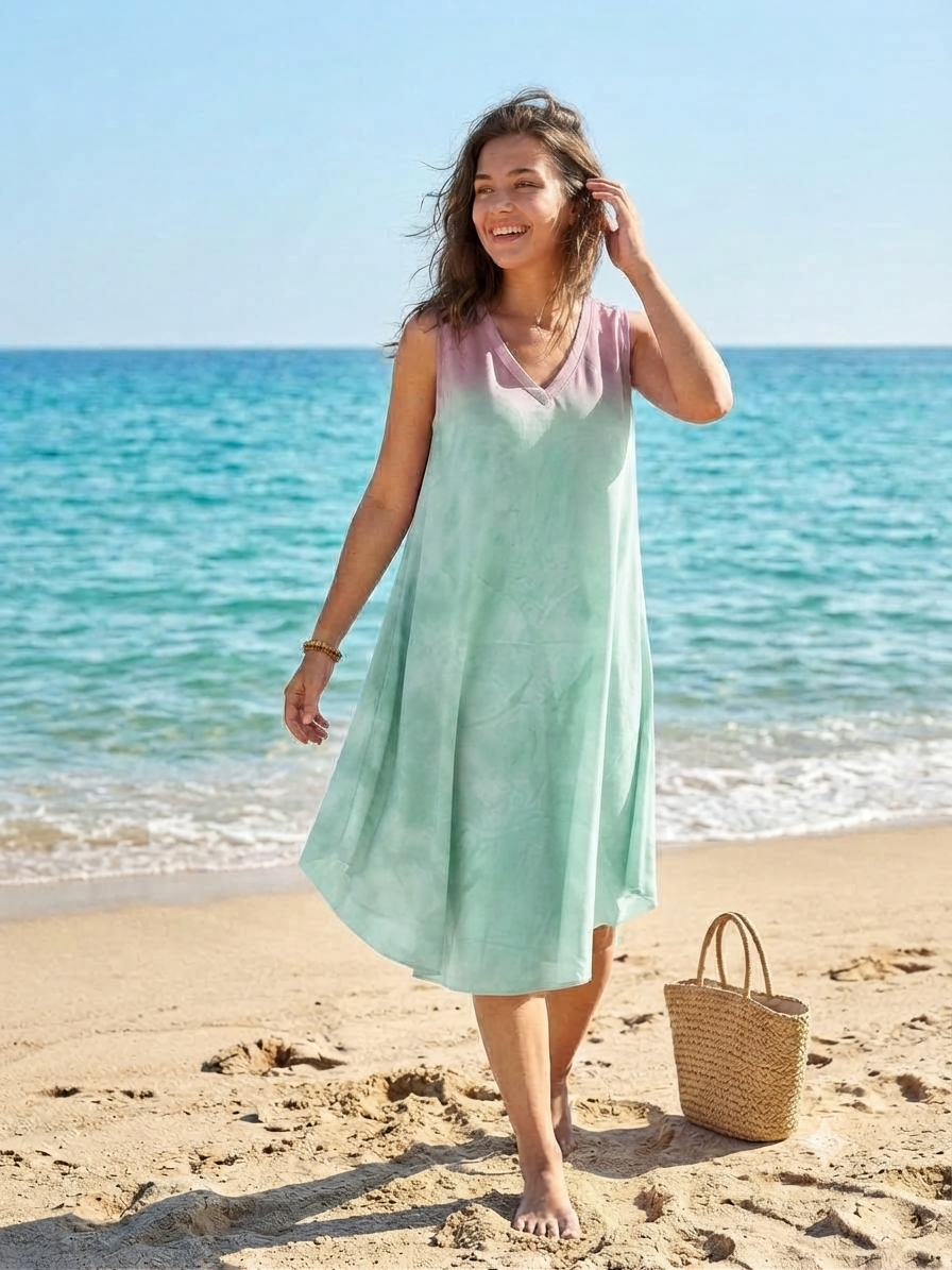 Basic Wear Club | Women's Loose Fit Gradient V-Neck Sundress | One Size (Fits Up to 100 KG)