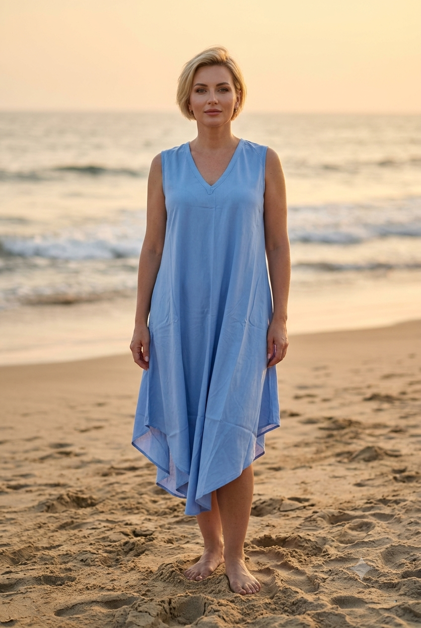 Basic Wear Club | Women's Plain Sleeveless V-Neck High-Low Midi Dress | One Size