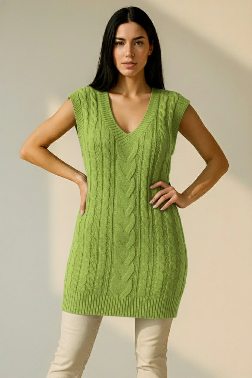 Long V-Neck Cable Knit Sweater Vest