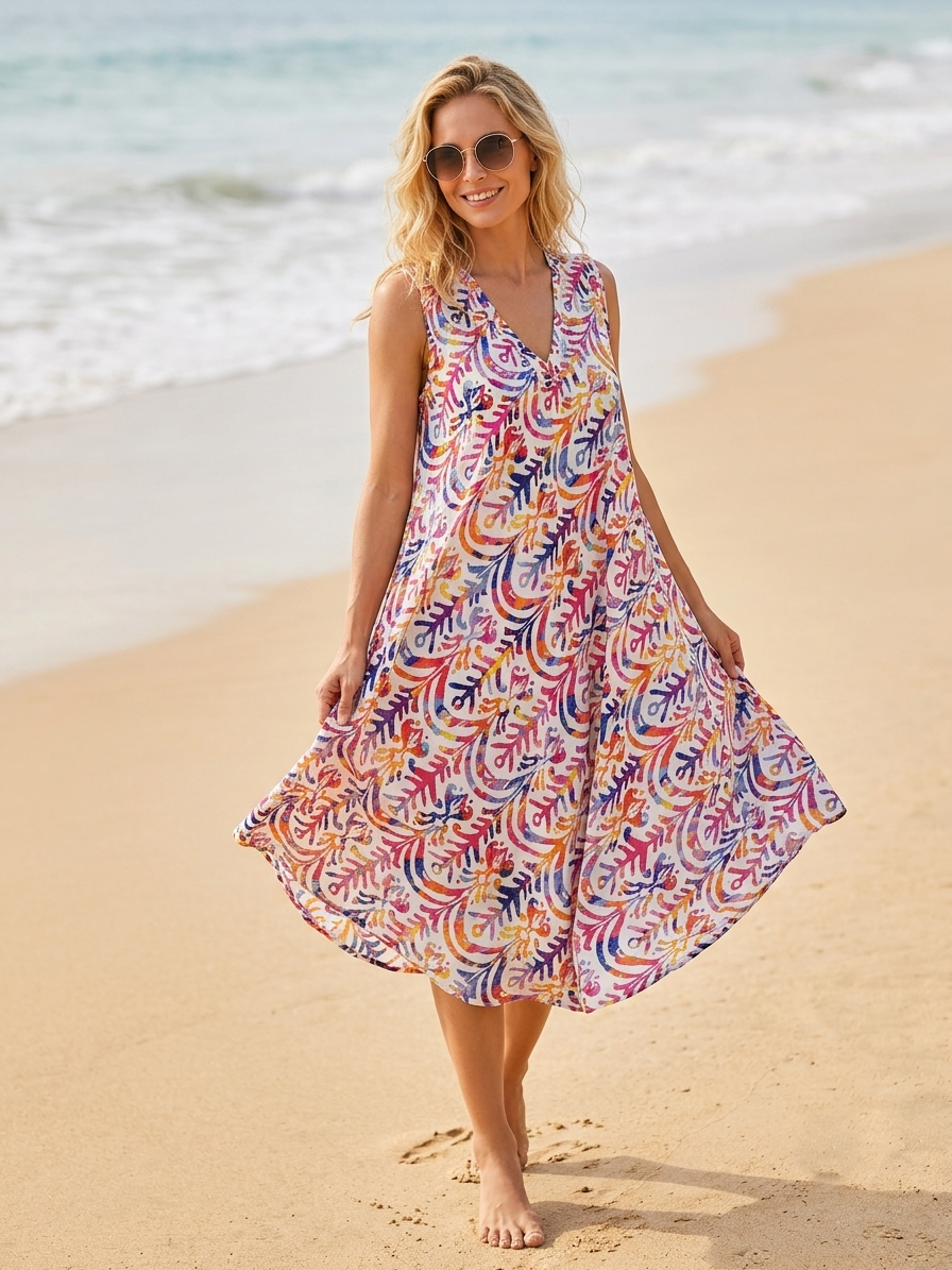 Basic Wear Club | Women's Loose Fit V-Neck Floal Sundress | One Size (Fits Up to 85 KG)