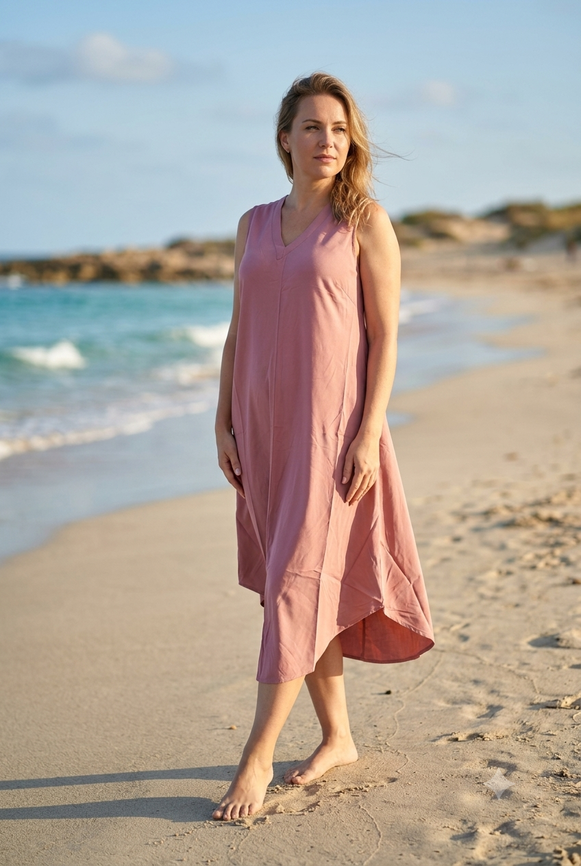 Basic Wear Club | Women's Plain Sleeveless V-Neck High-Low Midi Dress | One Size