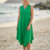 Basic Wear Club | Women's Plain Sleeveless V-Neck High-Low Midi Dress | One Size