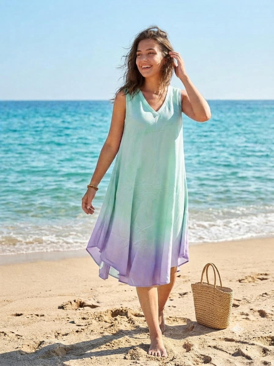 Basic Wear Club | Women's Loose Fit Gradient V-Neck Sundress | One Size (Fits Up to 100 KG)