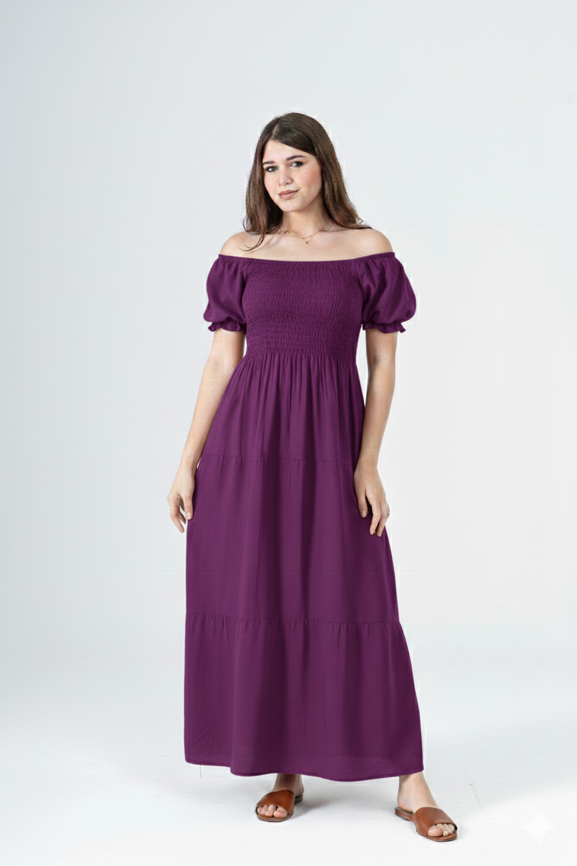 Plain Rayon Short Sleeves Maxi Dress