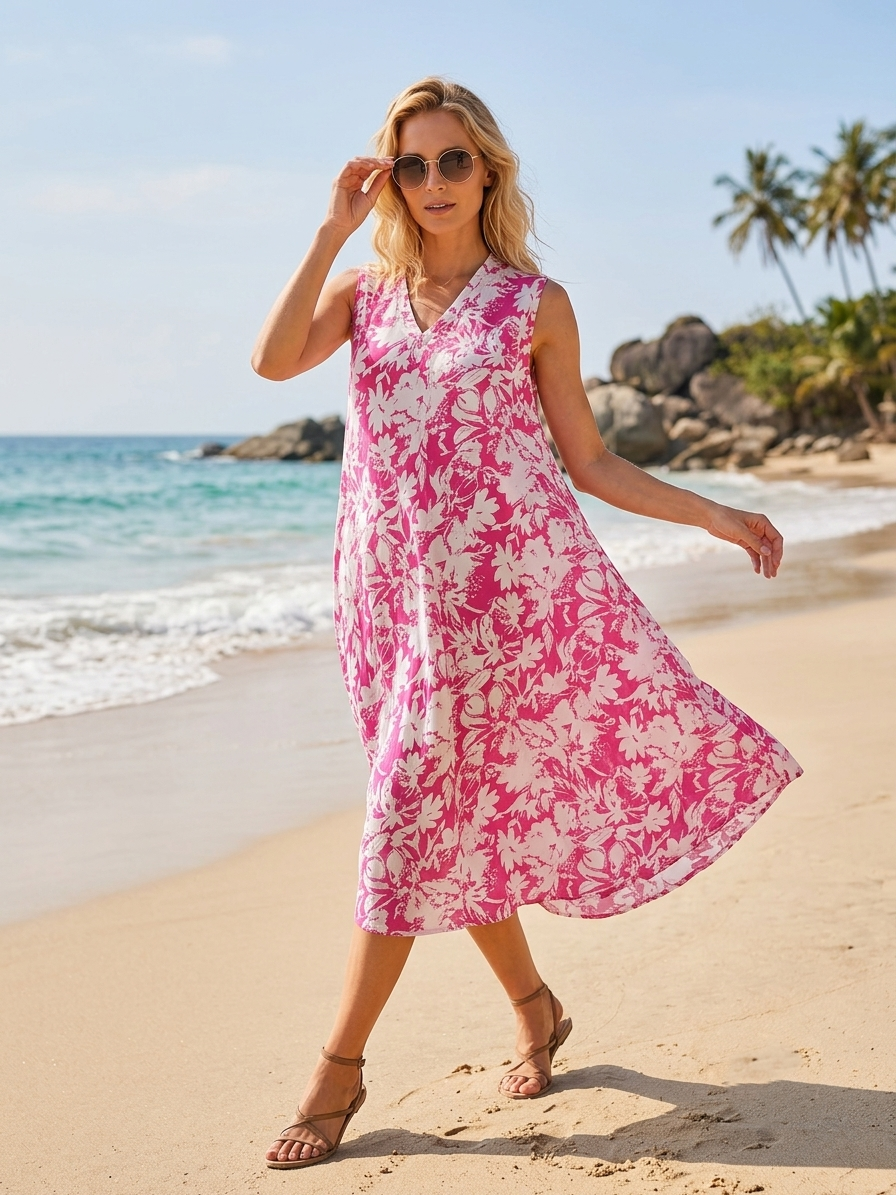Basic Wear Club | Women's Loose Fit V-Neck Floral Printed Sundress | One Size (Fits Up to 85 KG)