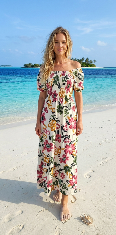 Short-Sleeve Maxi Dress Rayon Cotton