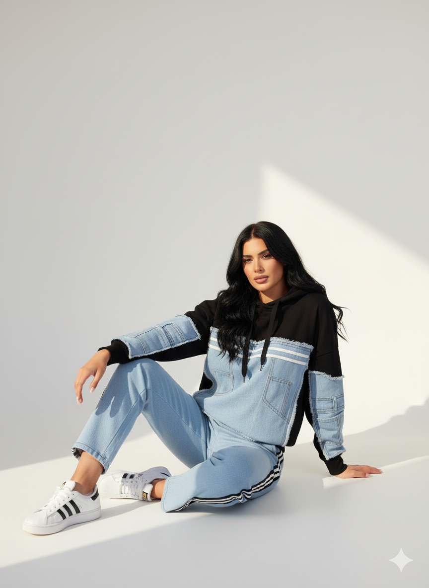 Block Zip Hoodie & Jogger Set – Sky Blue/White