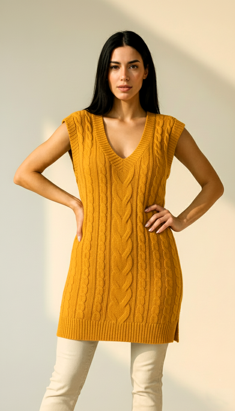 Long V-Neck Cable Knit Sweater Vest