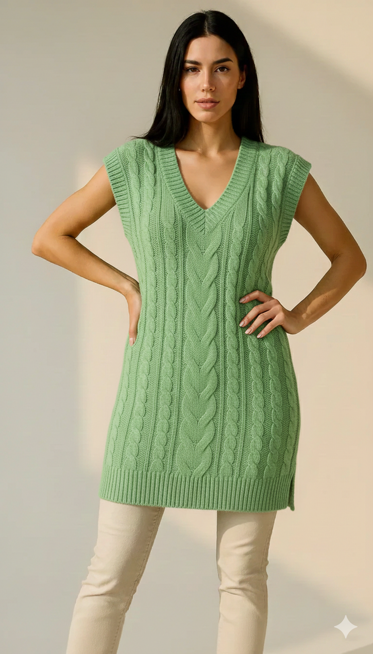 Long V-Neck Cable Knit Sweater Vest