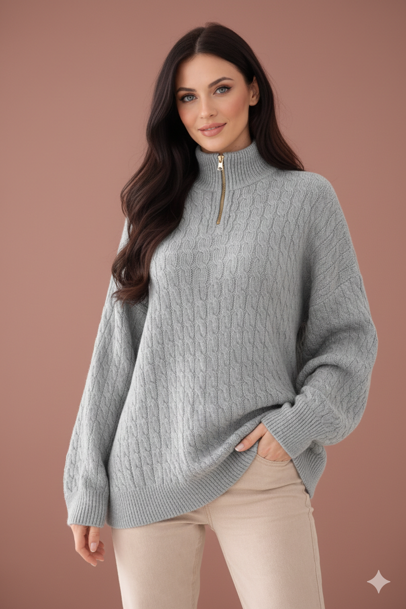 Cable Knit Quarter-Zip Sweater Turtleneck Tunic