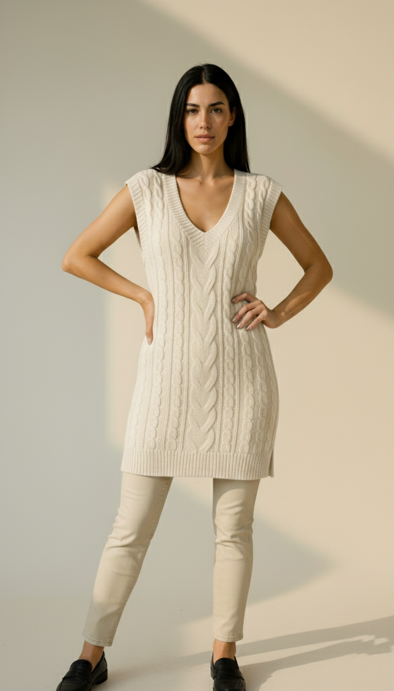 Long V-Neck Cable Knit Sweater Vest