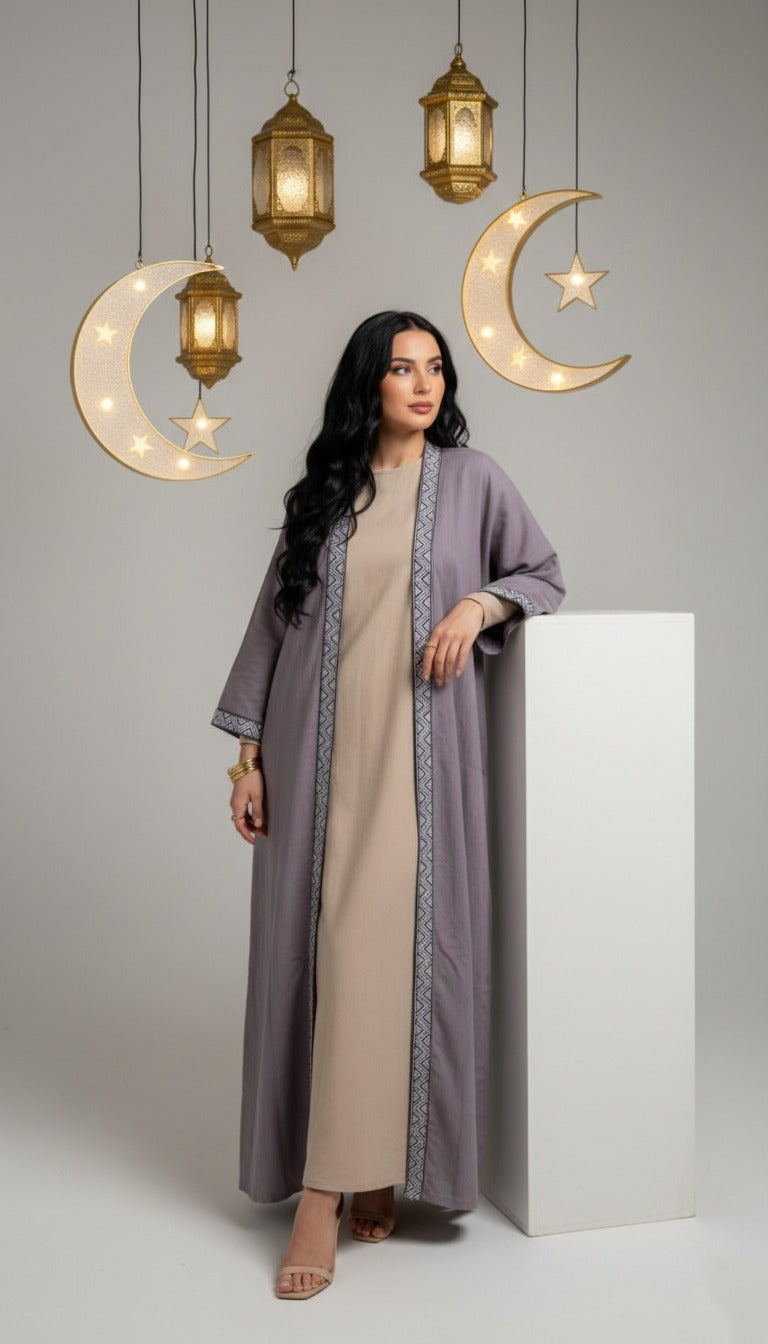 Geometric Trim Open Abaya Gray