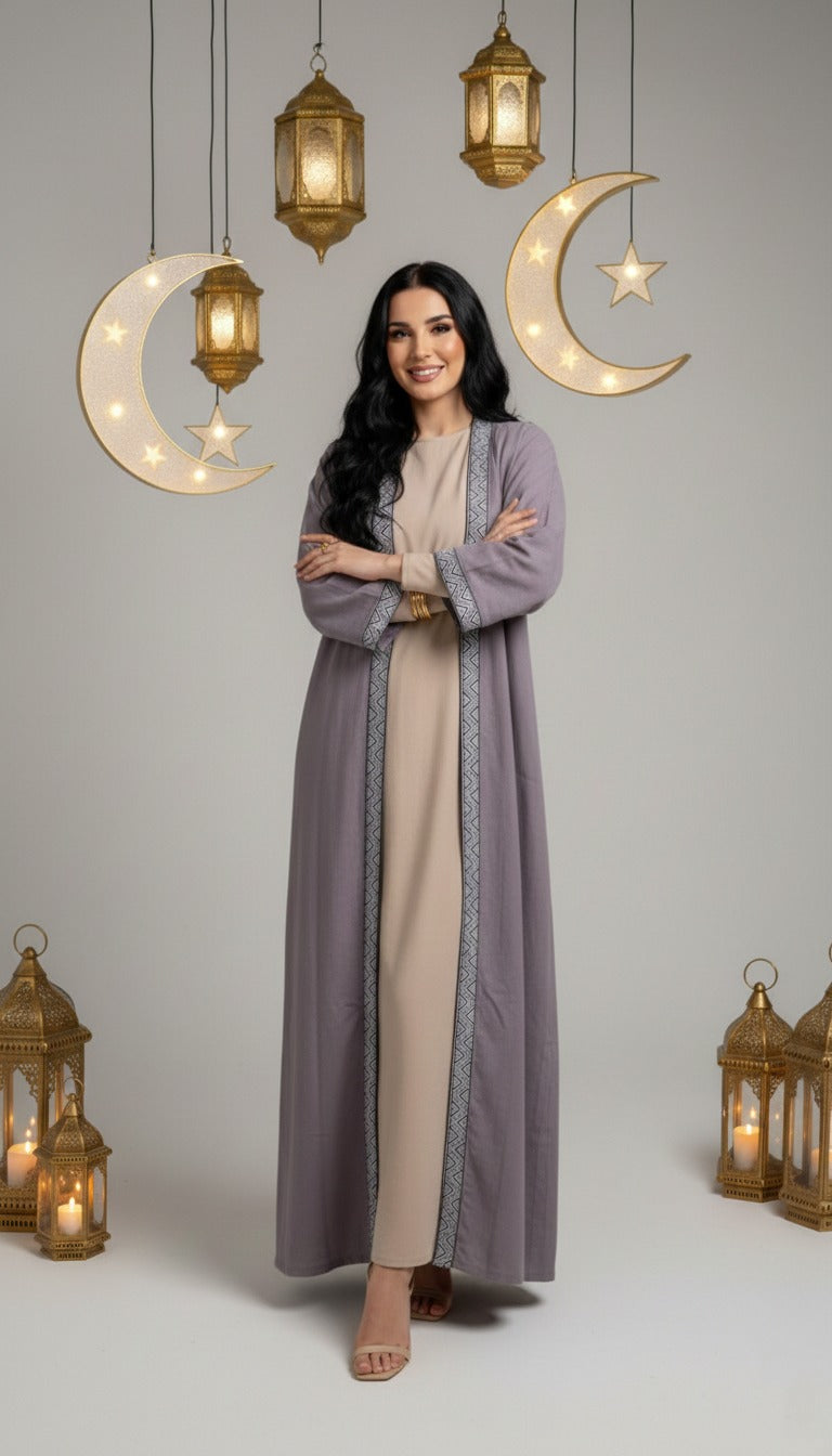 Geometric Trim Open Abaya Gray 