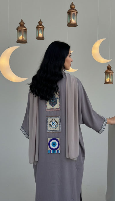 Geometric Trim Open Abaya Gray