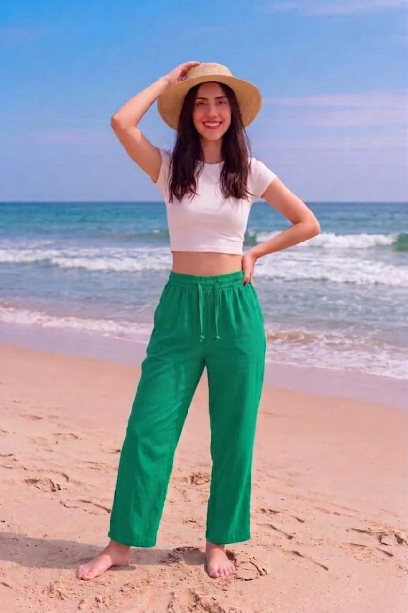 Green Plain Rayon Cotton Pants | Basic Wear Club