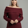 Off-Shoulder Ribbed Knit Sweater – Foldover Neck, Long Sleeve Burgundy