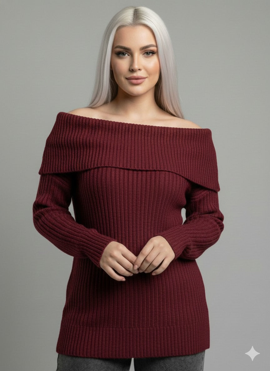 Off-Shoulder Ribbed Knit Sweater – Foldover Neck, Long Sleeve Burgundy
