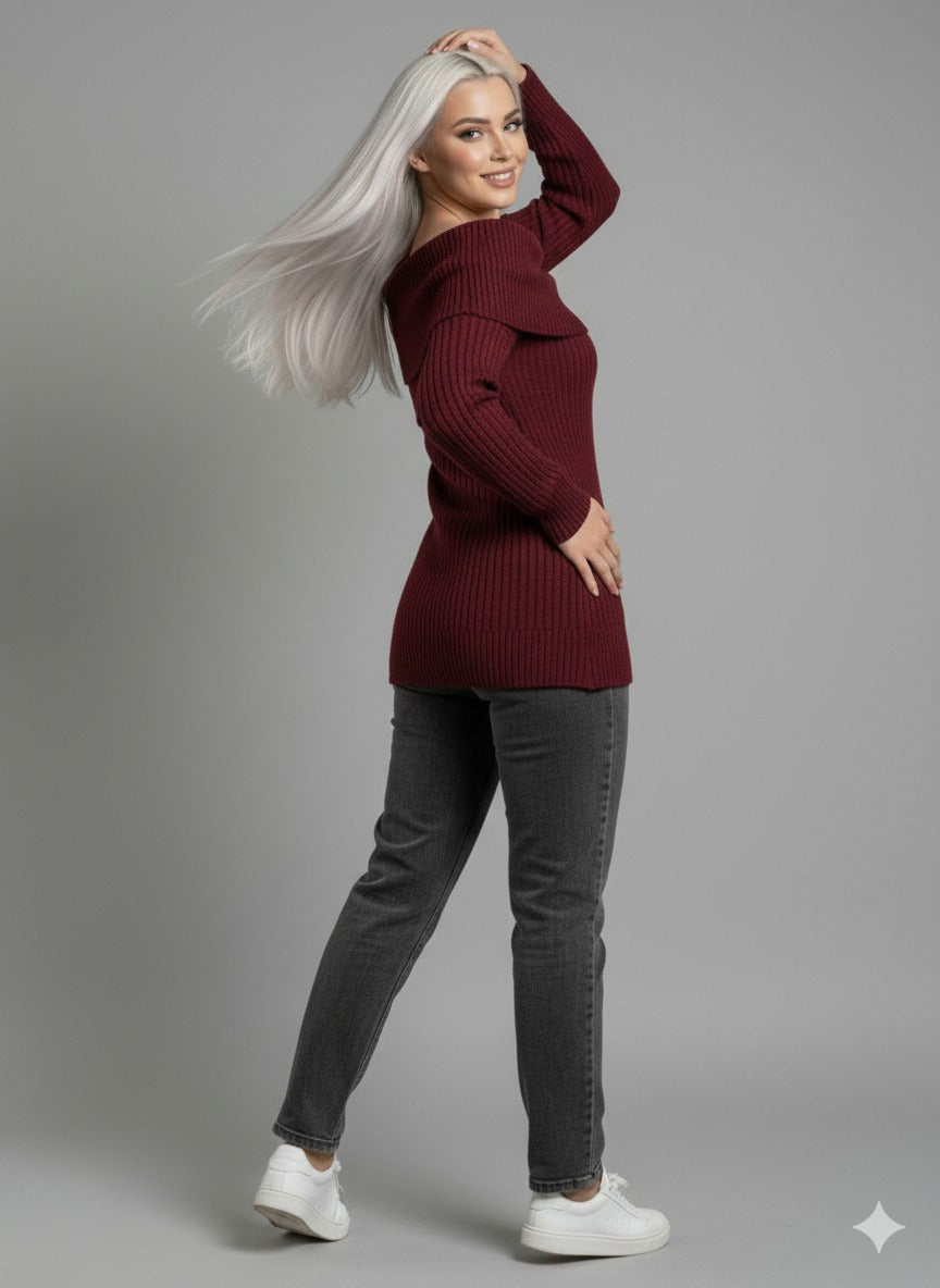 Off-Shoulder Ribbed Knit Sweater – Foldover Neck, Long Sleeve Burgundy