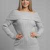 Off-Shoulder Ribbed Knit Sweater – Foldover Neck, Long Sleeve Grey 