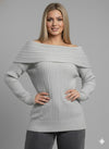 Off-Shoulder Ribbed Knit Sweater – Foldover Neck, Long Sleeve Grey 