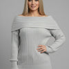 Off-Shoulder Ribbed Knit Sweater – Foldover Neck, Long Sleeve Grey 