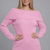 Off-Shoulder Ribbed Knit Sweater – Foldover Neck, Long Sleeve floral pink 