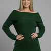 Off-Shoulder Ribbed Knit Sweater – Foldover Neck, Long Sleeve Green