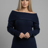 Off-Shoulder Ribbed Knit Sweater – Foldover Neck, Long Sleeve navy